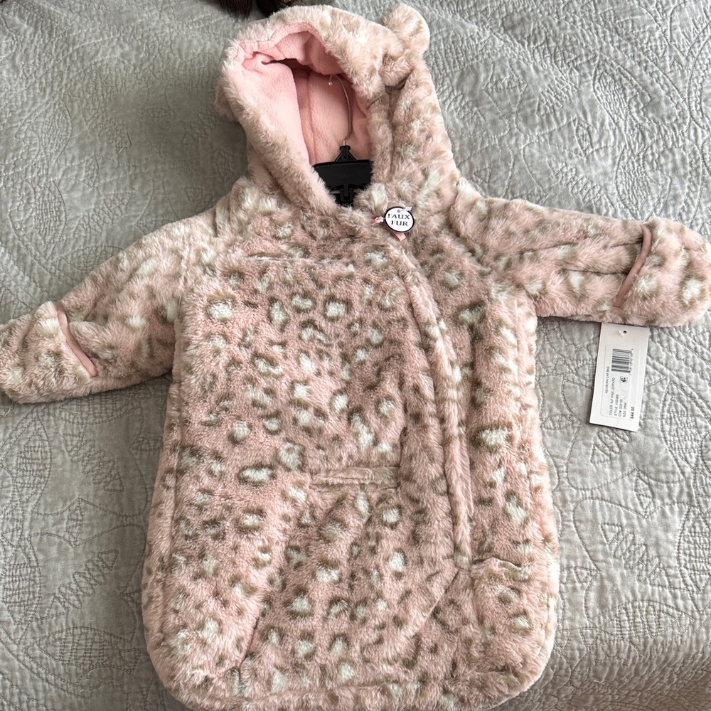 Rothschild Faux Fur Leopard-Print Hooded Baby Bunting in Soft Pink and Cream